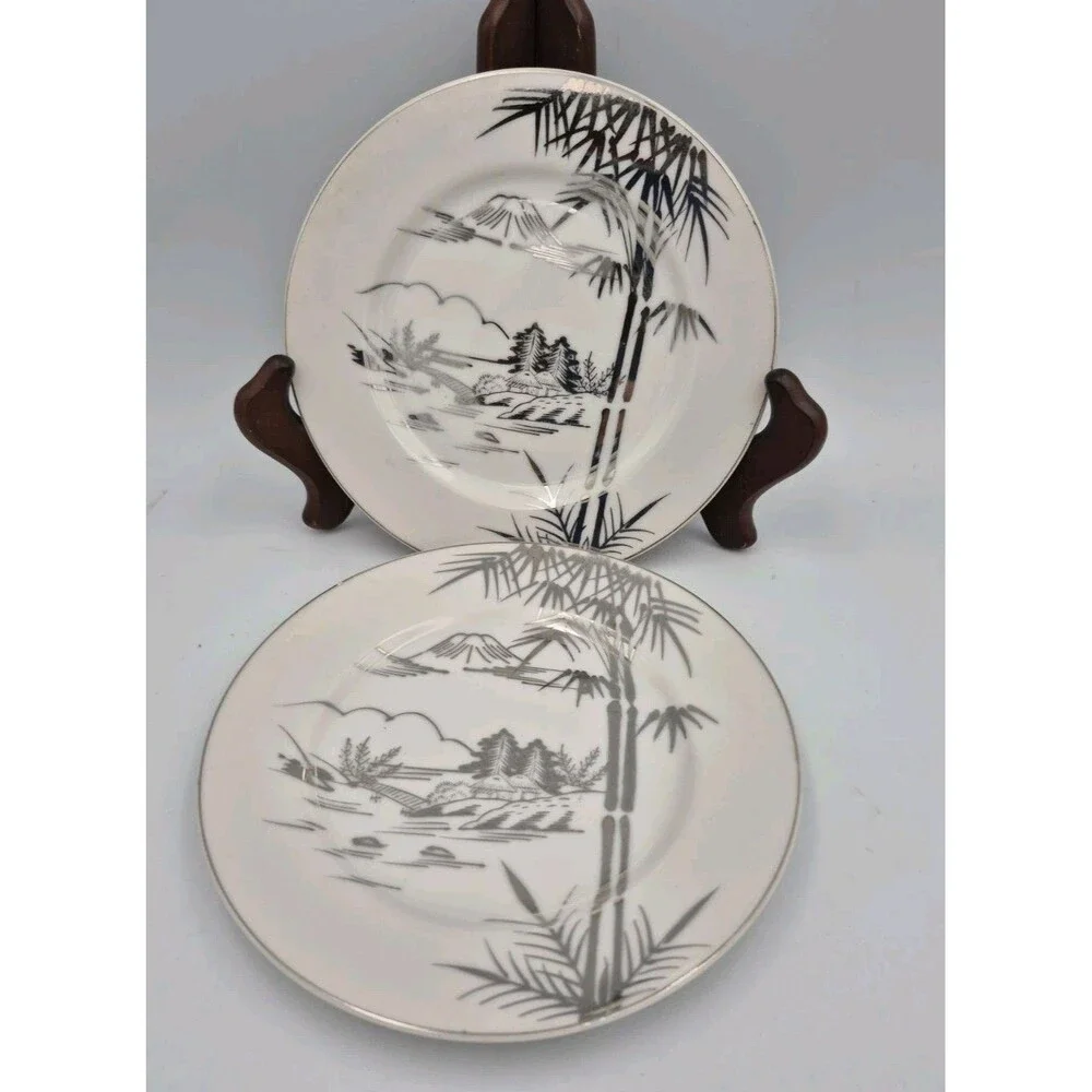 Antique Kutani Japanese China 2 Bread Plates, Mt Fuji Bamboo design 2 Saucers